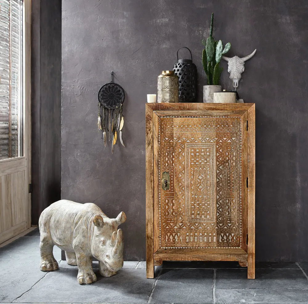 Intaglio Carved Mango Wood 2-Door Wardrobe Storage Almirah Cupboard for Cloths (Natural Finish)