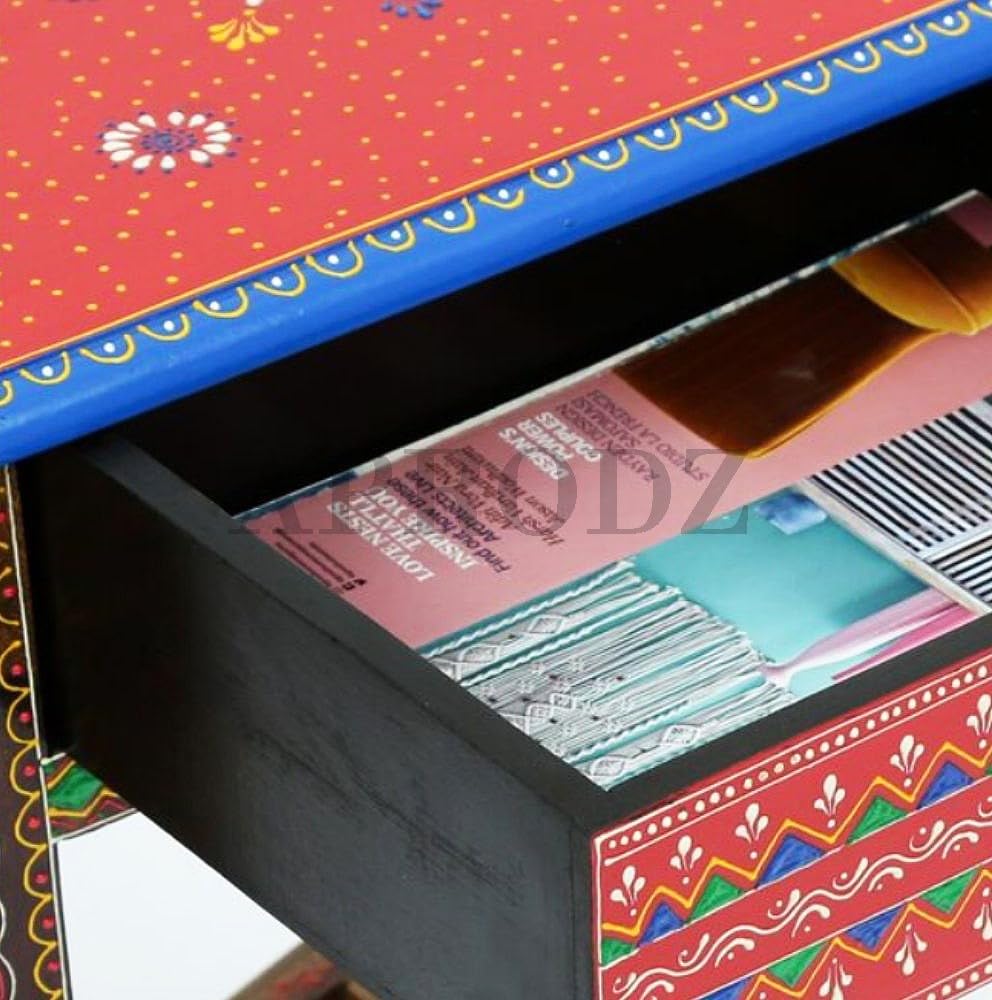 Wooden Handpainted Side Table with Drawer Storage Portable Bedside End Table (Multicolor)
