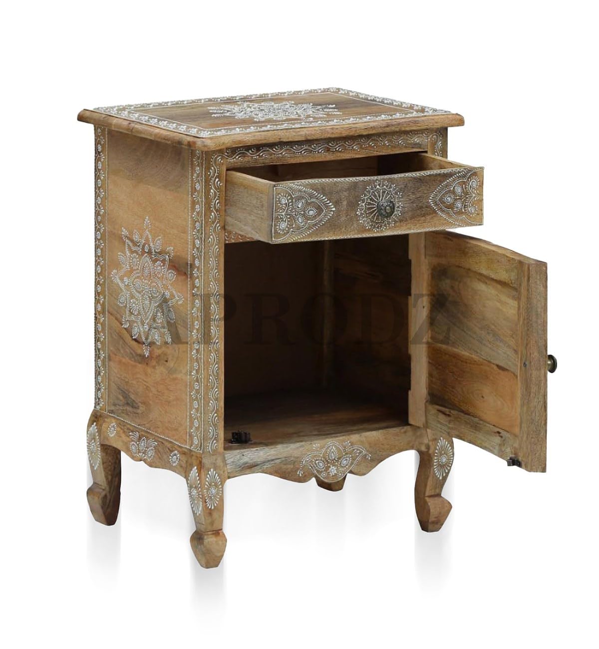 Wooden Handpainted Side Table with Door & Drawer Storage Portable Bedside End Table (Multicolor)