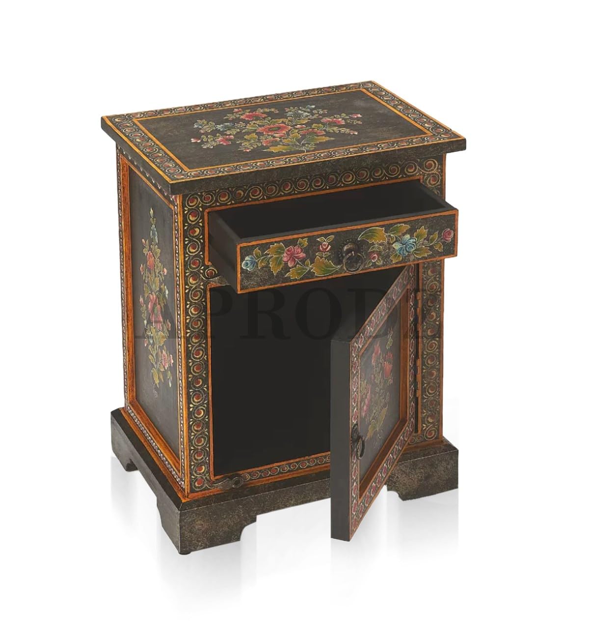 Wooden Handpainted Side Table with Door & Drawer Storage Portable Bedside End Table (Multicolor)