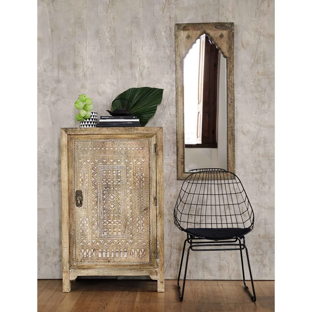 Intaglio Carved Mango Wood 2-Door Wardrobe Storage Almirah Cupboard for Cloths (Natural Finish)