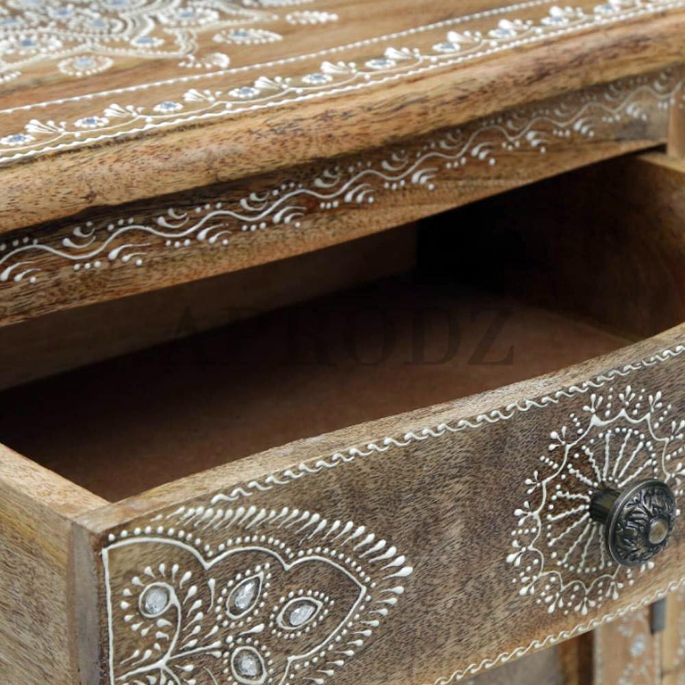 Wooden Handpainted Side Table with Door & Drawer Storage Portable Bedside End Table (Multicolor)