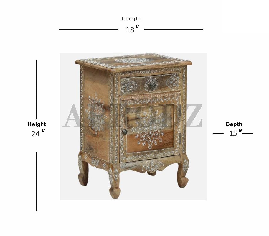 Wooden Handpainted Side Table with Door & Drawer Storage Portable Bedside End Table (Multicolor)