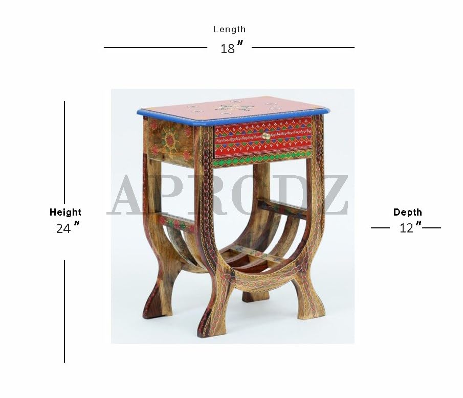 Wooden Handpainted Side Table with Drawer Storage Portable Bedside End Table (Multicolor)