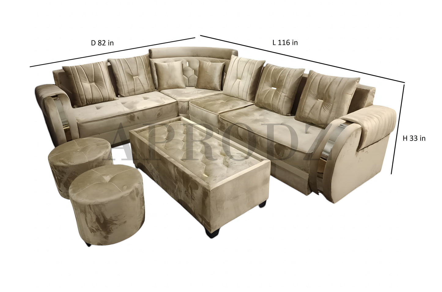 Modern L-Shaped Sectional Sofa Set, 6 Seater with Coffee Table and 2 Ottoman Stools, Tufted Velvet, Beige