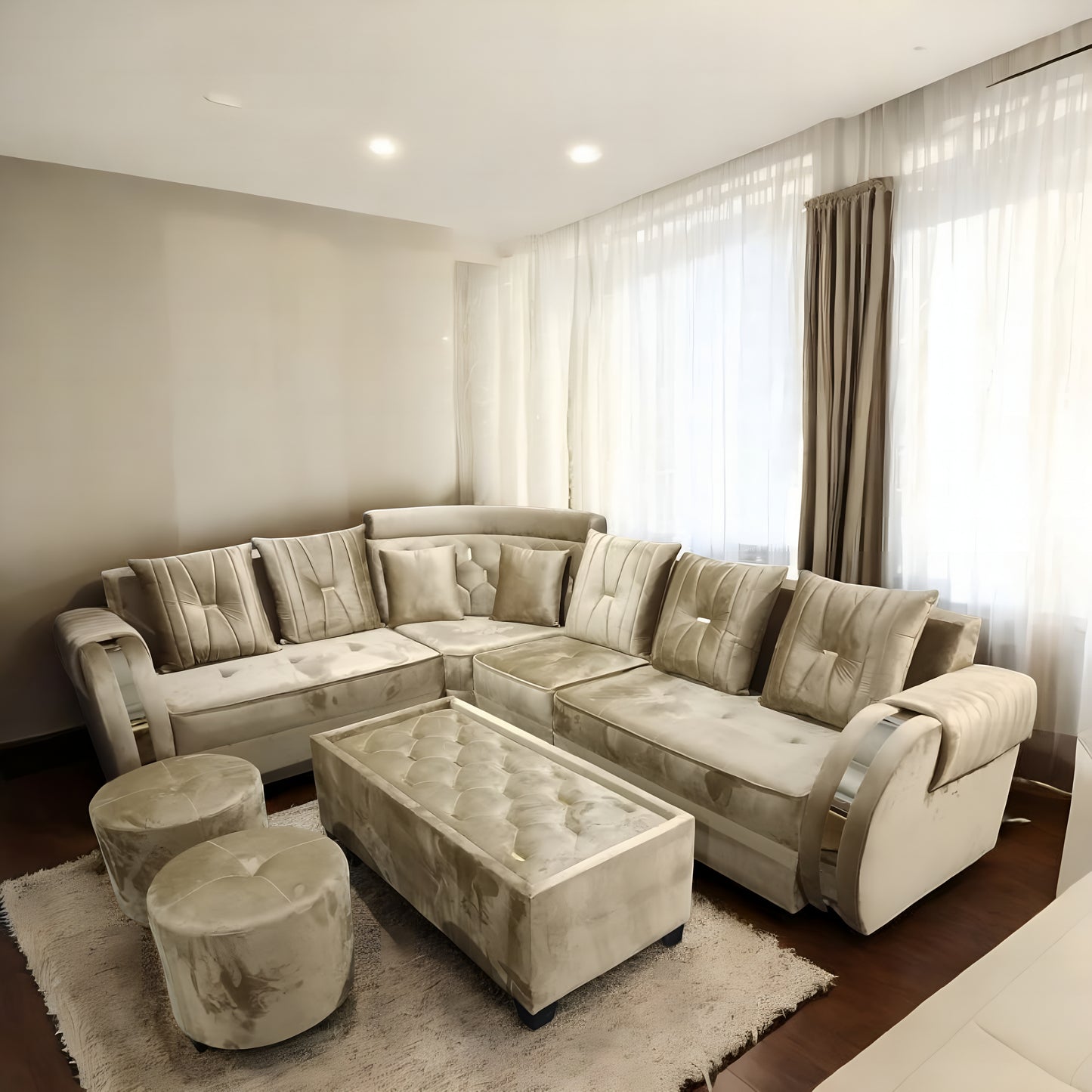 Modern L-Shaped Sectional Sofa Set, 6 Seater with Coffee Table and 2 Ottoman Stools, Tufted Velvet, Beige