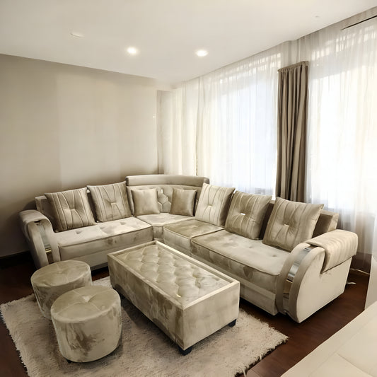 Modern L-Shaped Sectional Sofa Set, 6 Seater with Coffee Table and 2 Ottoman Stools, Tufted Velvet, Beige