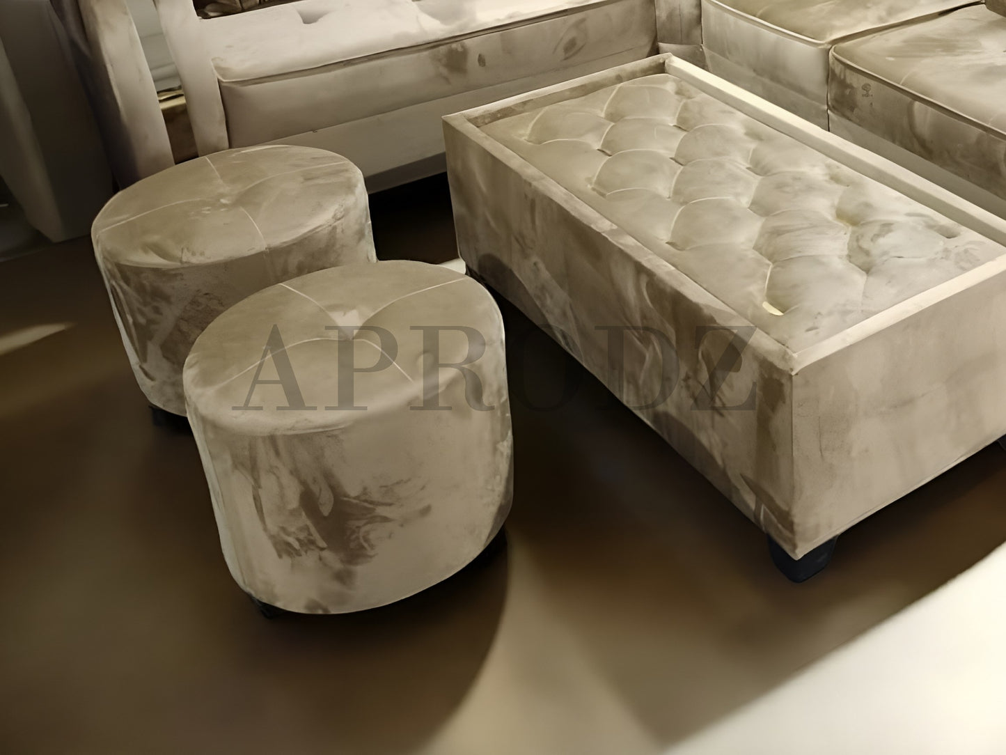 Modern L-Shaped Sectional Sofa Set, 6 Seater with Coffee Table and 2 Ottoman Stools, Tufted Velvet, Beige