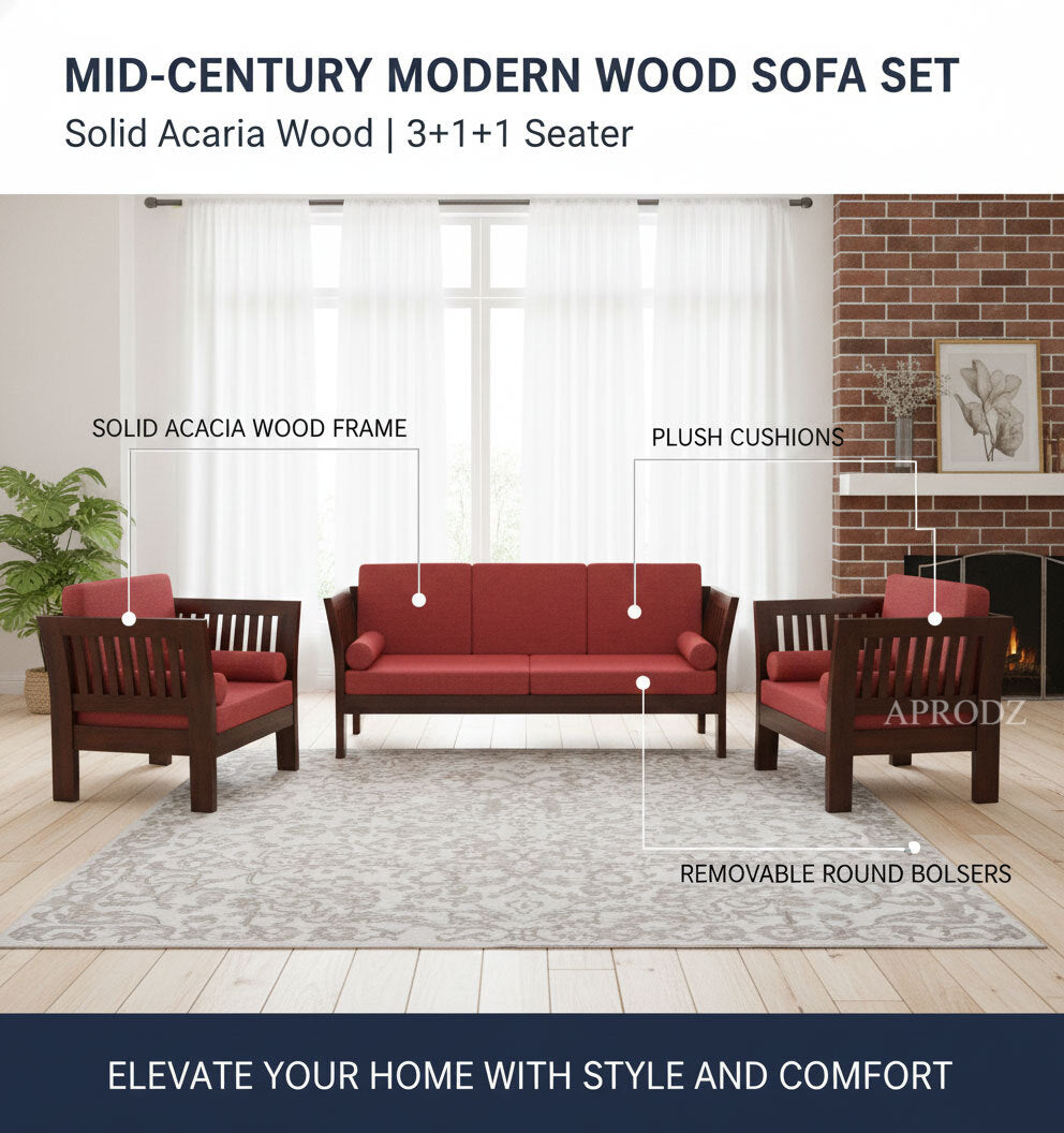 Mocko Sheesham Wood 3+1+1 Seater Sofa Set with Cushions for Living Room
