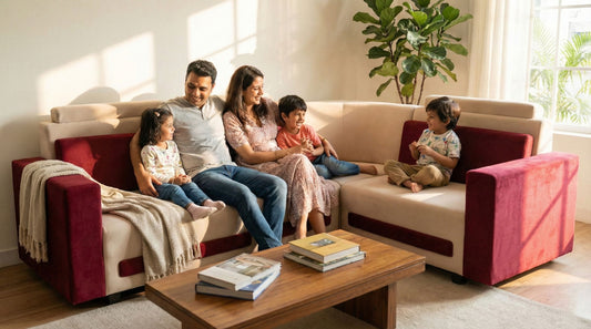 Modern L-Shaped Sectional Sofa, 6-Seater, Purple and Cream, Contemporary Design