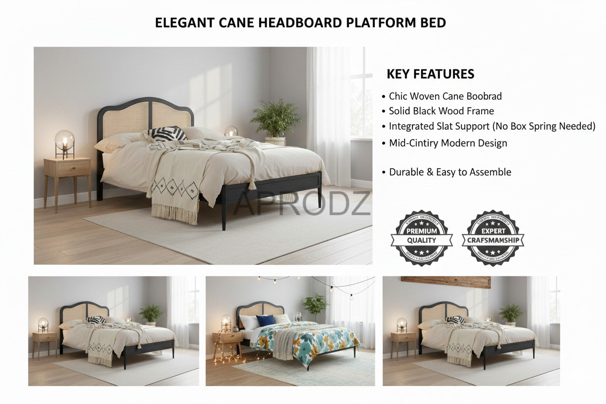 Rattan Cane Bed with Headboard, King Size & Queen Size Sheesham Wood Frame, Black
