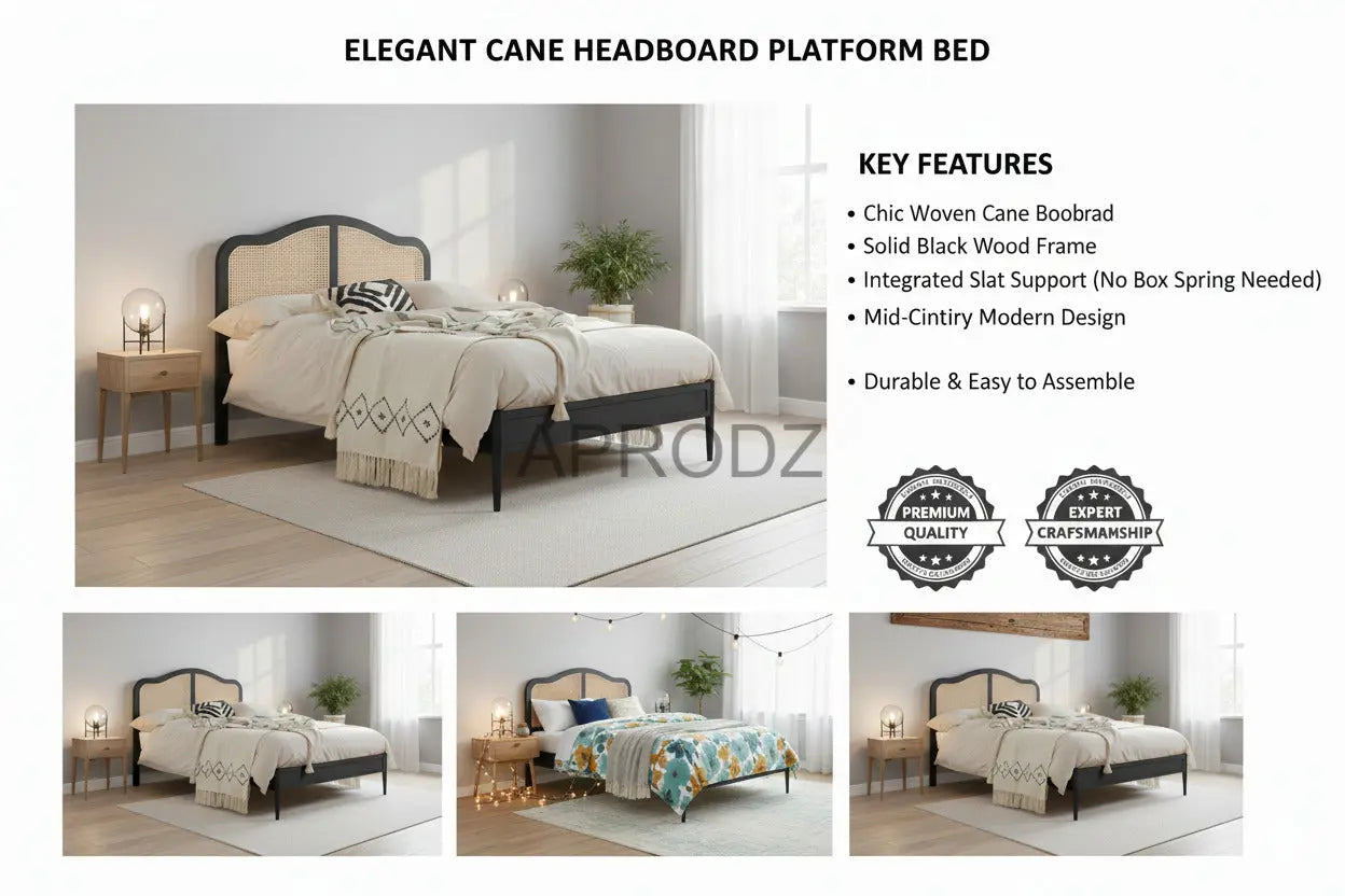 Rattan Cane Bed with Headboard, King Size & Queen Size Sheesham Wood Frame, Black