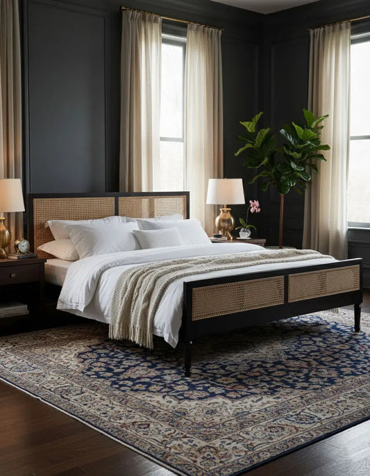 Mango Wood and Rattan Cane King Size & Queen Size Bed Frame, Black Finish,