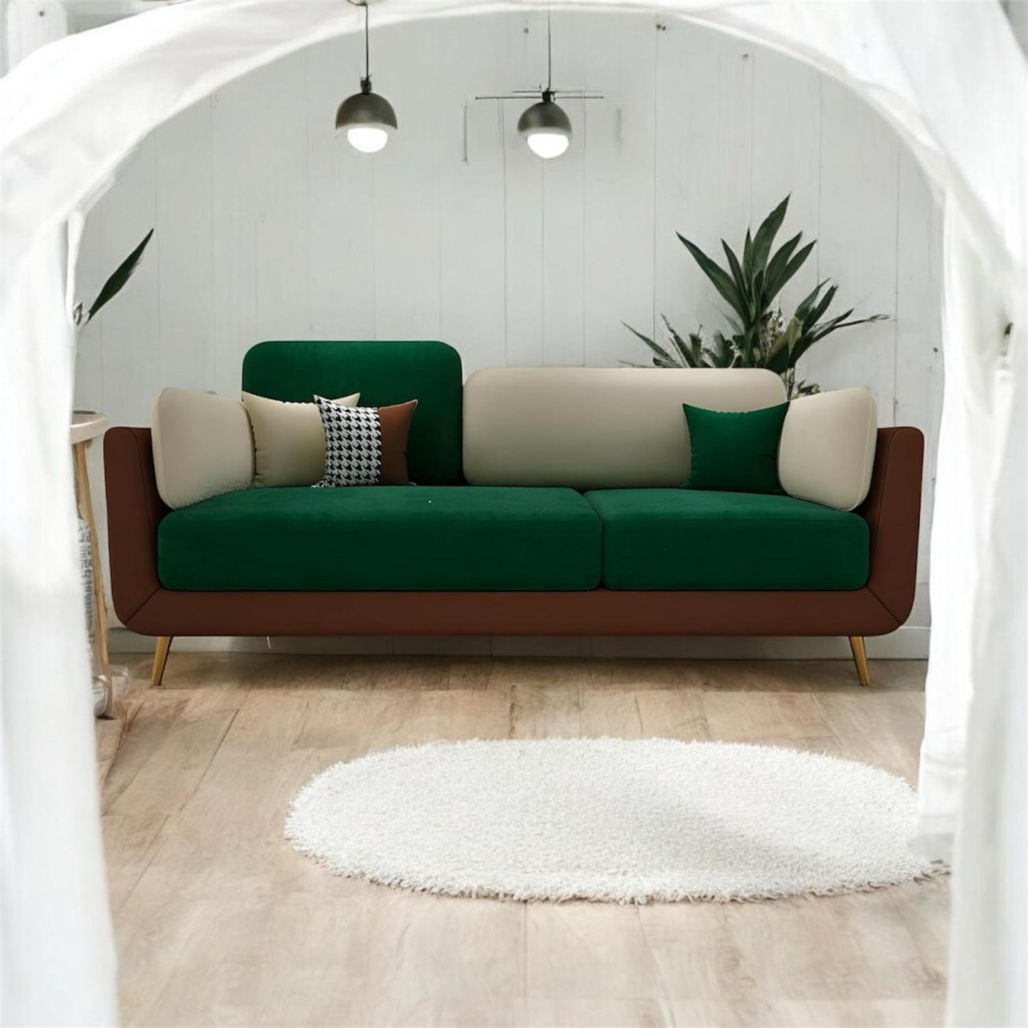 APRODZ Luxelle Modern 3-Seater Sofa in Green & Cream Fabric with Brown Base – Contemporary Living Room Couch with Cushions