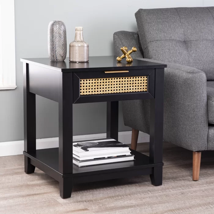 Knute Work End Table with Cane Storage(Solid Wood,Black)