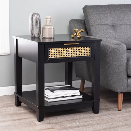 Knute Work End Table with Cane Storage(Solid Wood,Black)