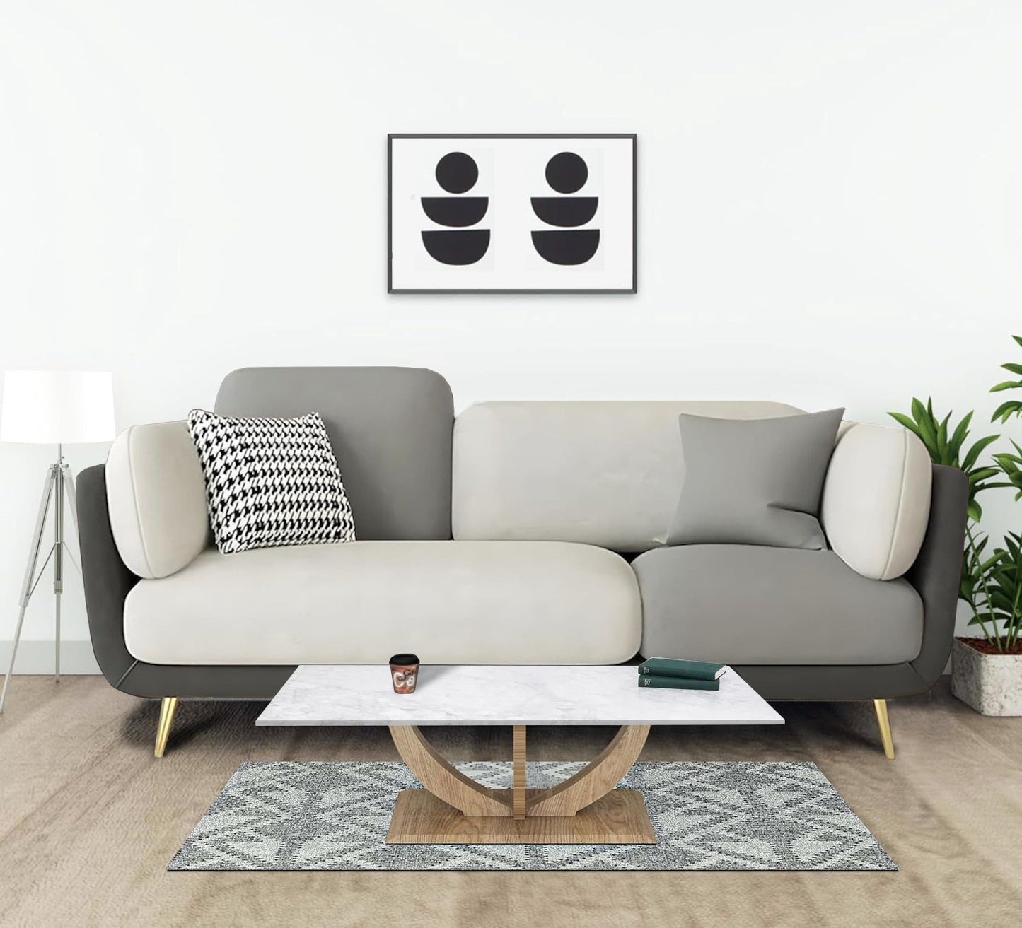 APRODZ Luxelle Modern 3-Seater Sofa in Green & Cream Fabric with Brown Base – Contemporary Living Room Couch with Cushions
