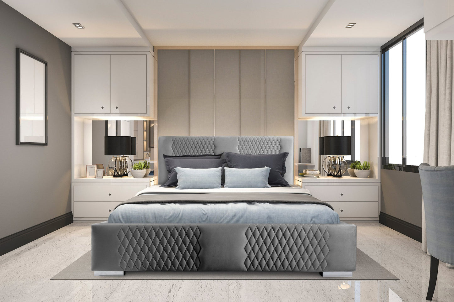 Velvet Upholstered King Size Bed with Hydraulic Storage