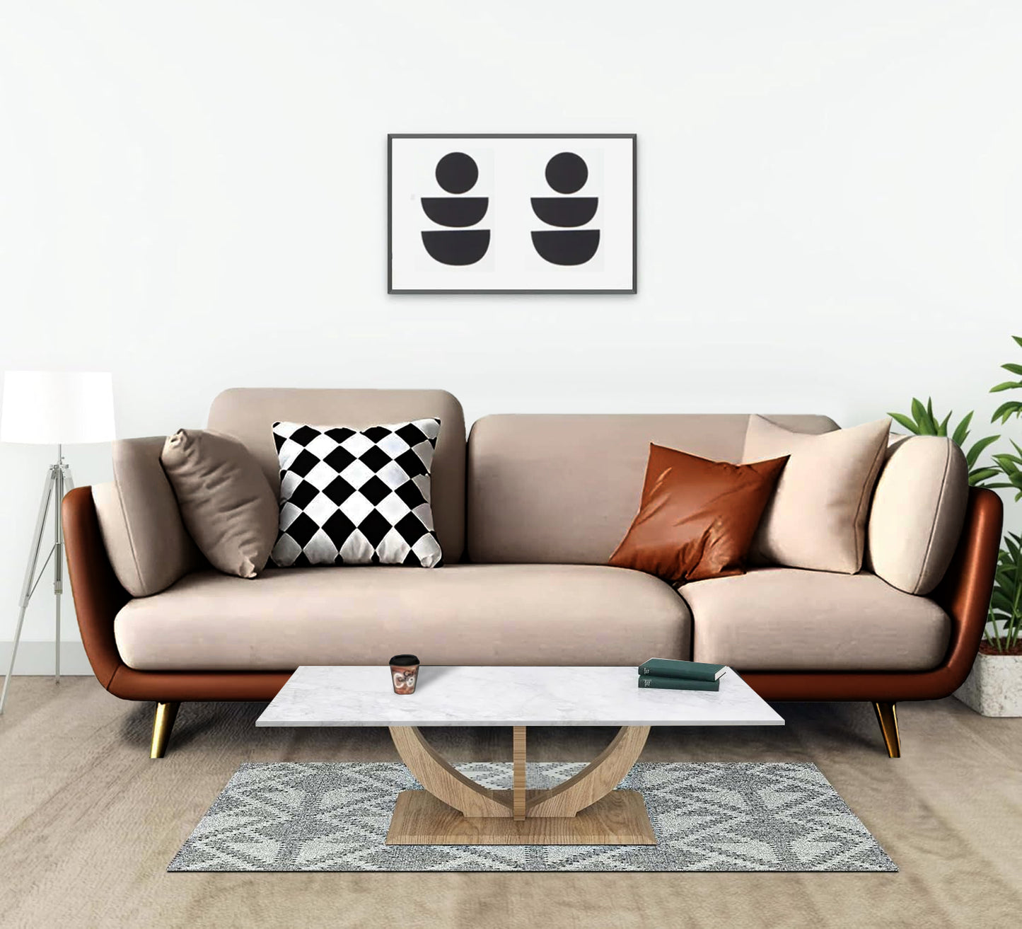 APRODZ Luxelle Modern 3-Seater Fabric Sofa – Beige & Brown Upholstered Couch with Plush Cushions and Wooden Legs – Stylish, Minimalist Seating for Living Room or Office