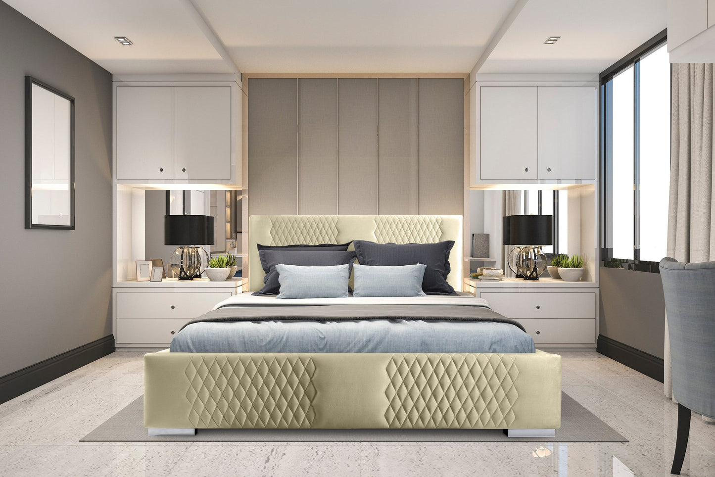 Velvet Upholstered King Size Bed with Hydraulic Storage