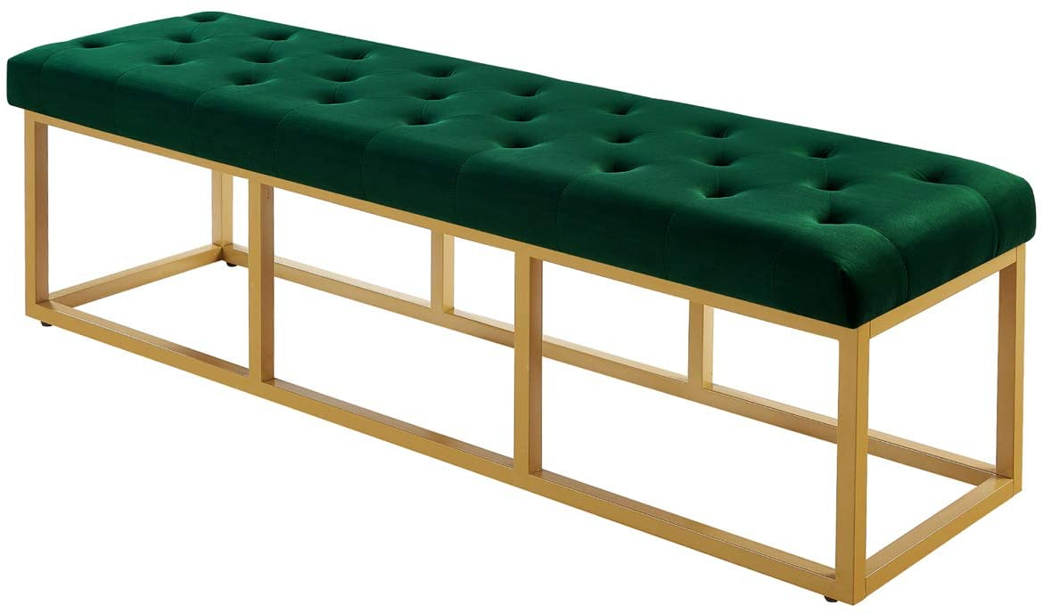 Tufted Long Upholstered Velvet and Metal Bench