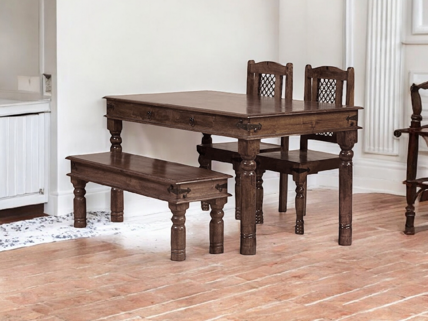Sheesham Wood Reyk 4 Seater Dining Table Set with 1 Bench and 2 Chair for Home Dining Room Furniture
