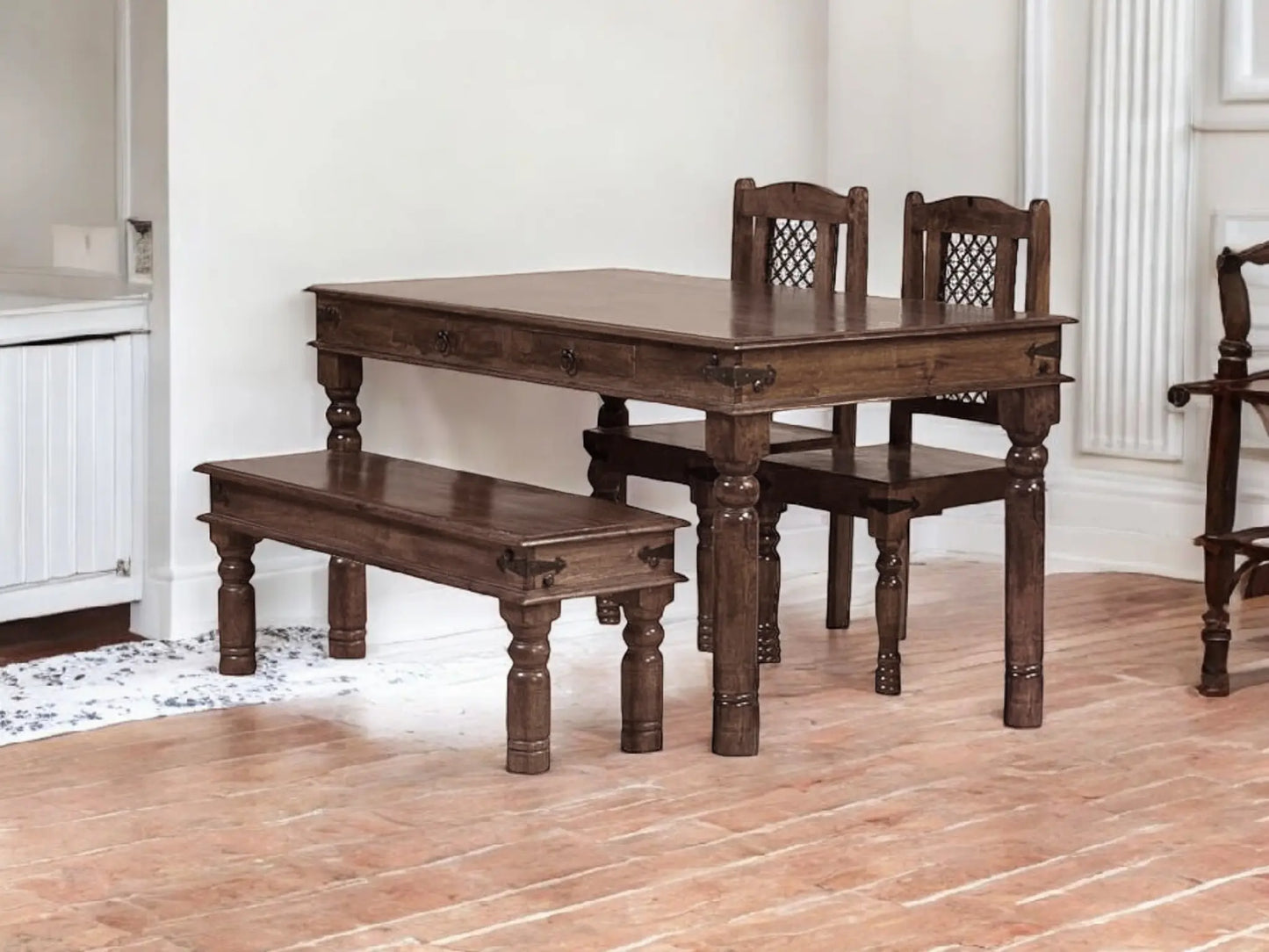 Sheesham Wood Reyk 4 Seater Dining Table Set with 1 Bench and 2 Chair for Home Dining Room Furniture