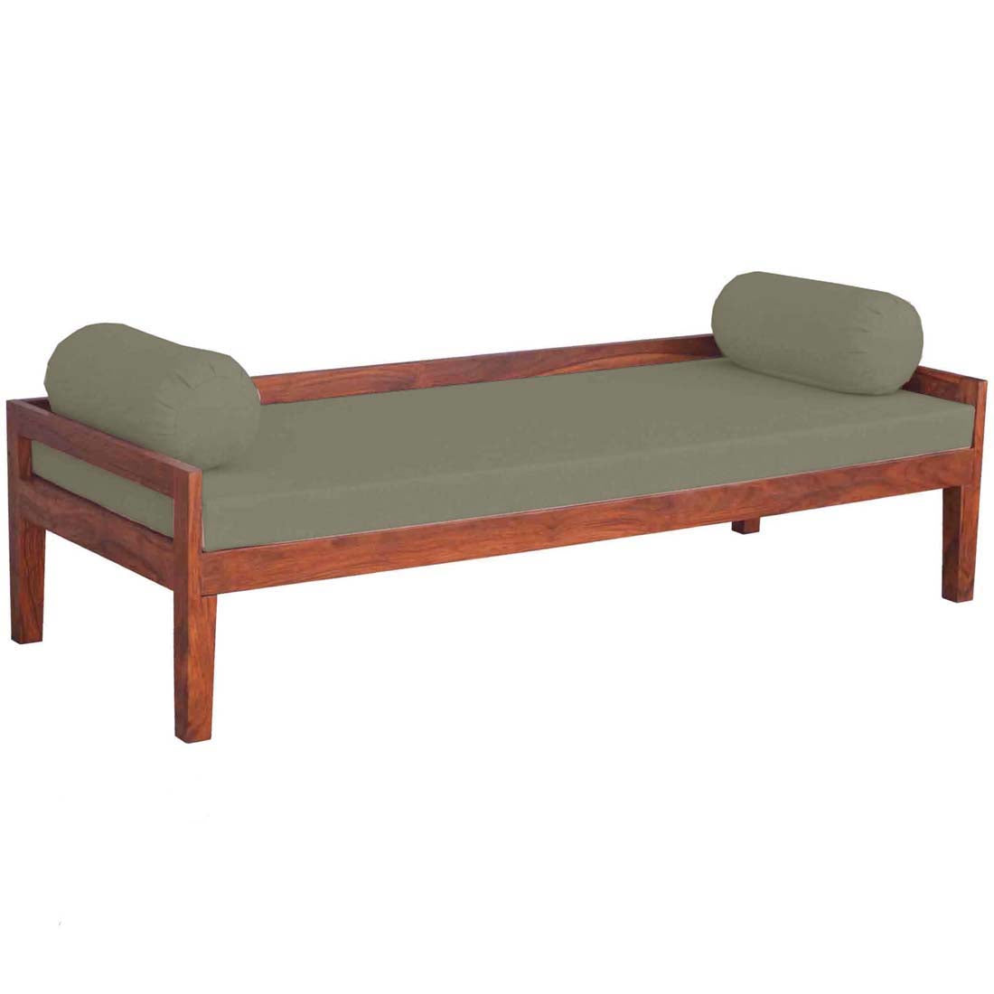 Solid Mango Wood Dewan Sofa Bed (Solid Wood - Light Grey Fabric + Brown)