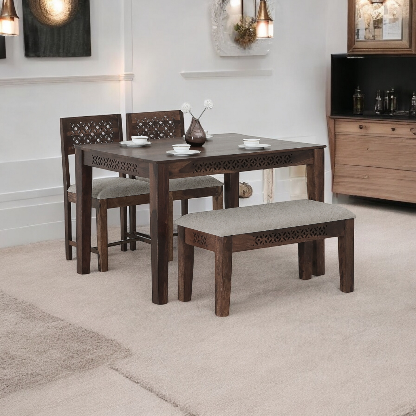 Sheesham Wood Durque 4 Seater Dining Table Set with 1 Bench and 2 Chair for Home | Dining Furniture