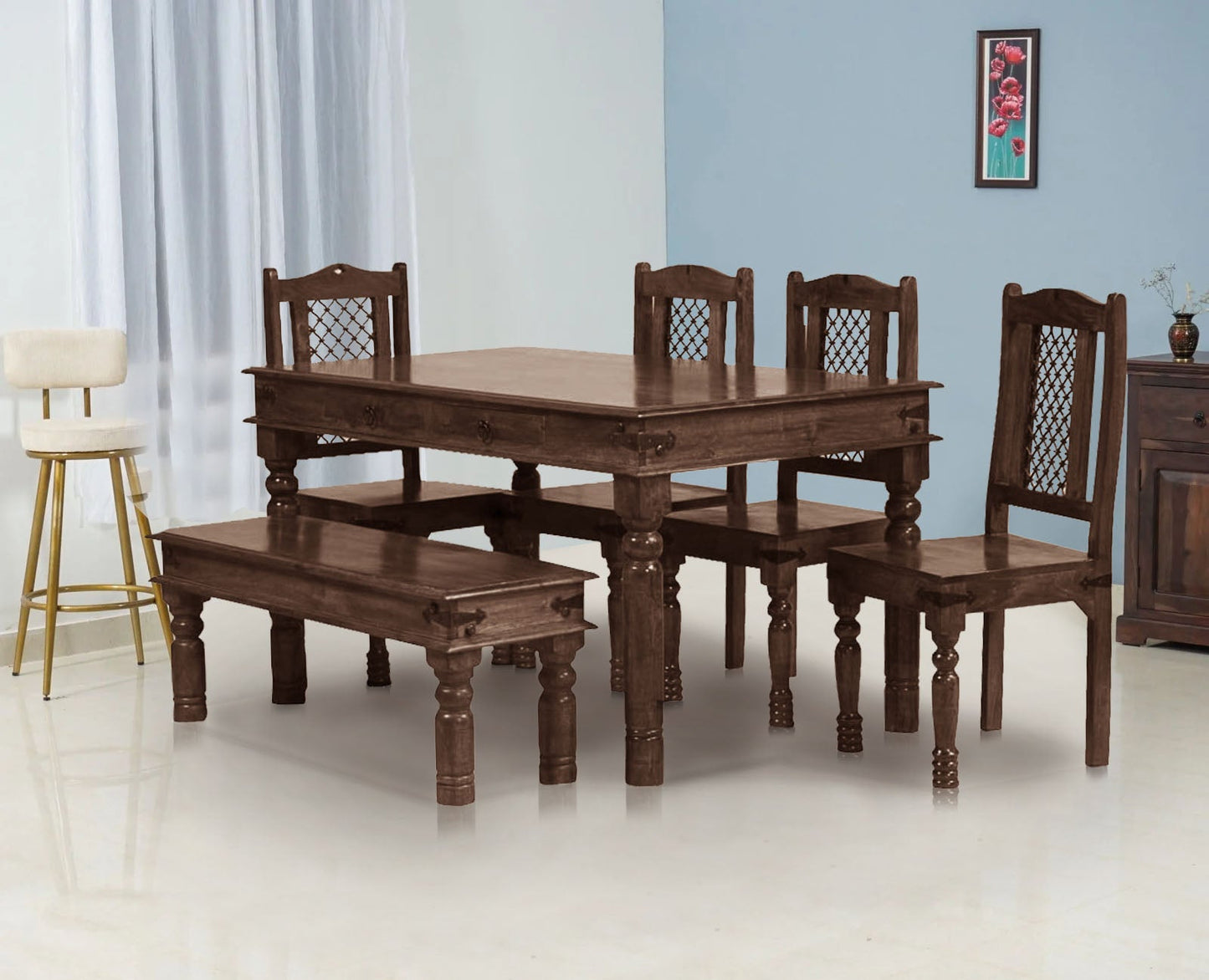 Sheesham Wood Reyk 6 Seater Dining Table Set with 1 Bench & 4 Chairs for Home Dining Room Furniture