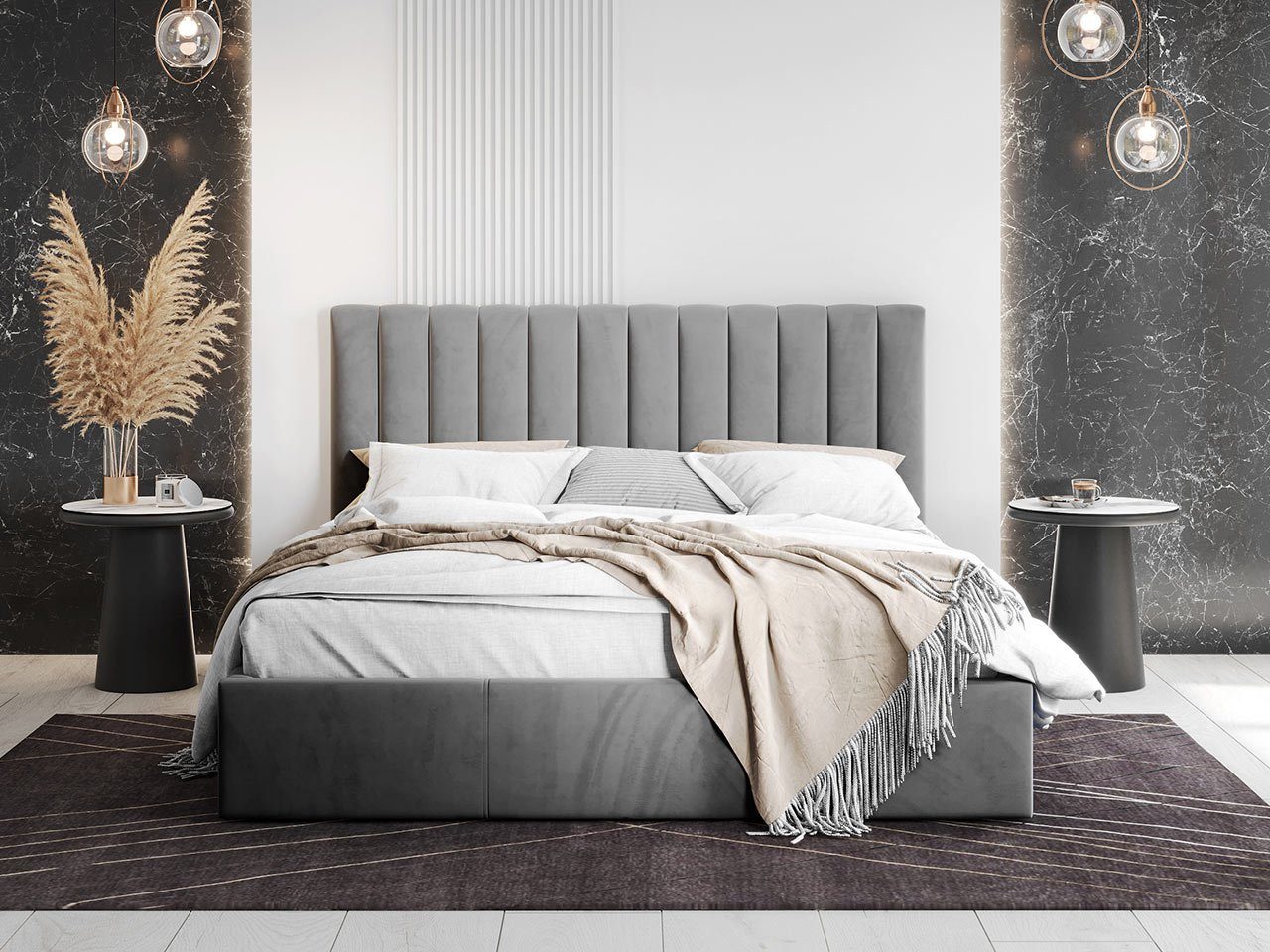 Fluted Velvet Upholstered Bed – Stylish Hydraulic Storage Bed for Comfortable Sleep & Elegant Bedroom Aesthetic