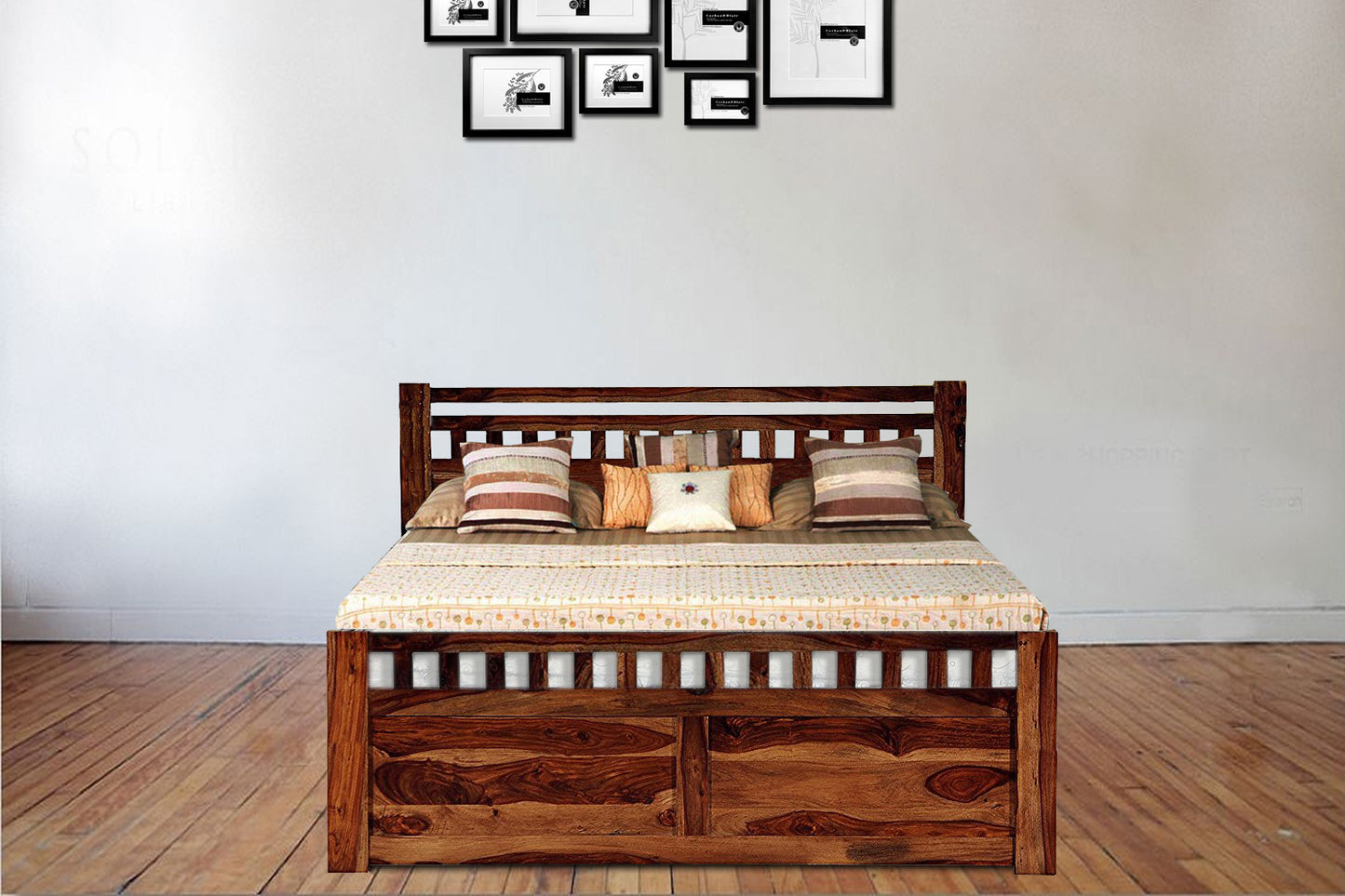 Sheesham Wood Darryl Bed with 4 Drawers for Bedroom | Brown Finish