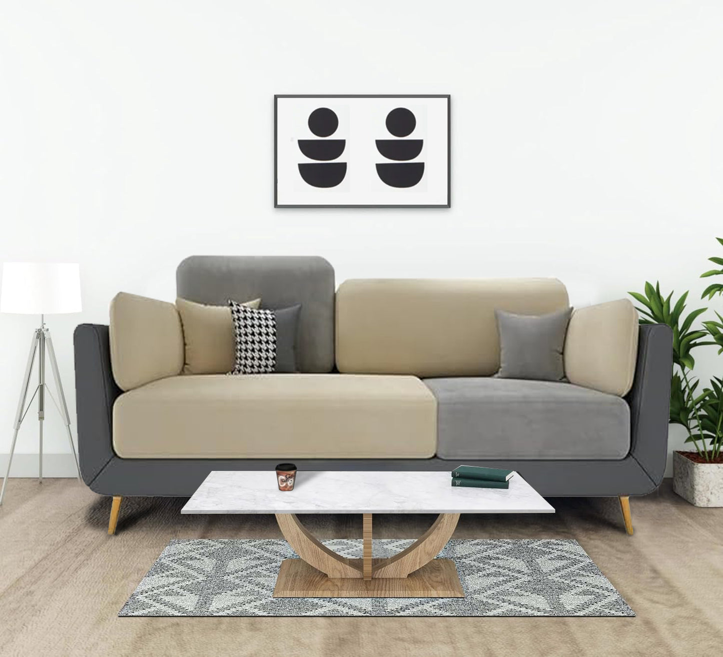 APRODZ Luxelle Modern 3-Seater Colorblock Sofa – Beige & Grey Fabric Couch with Wooden Legs for Living Room