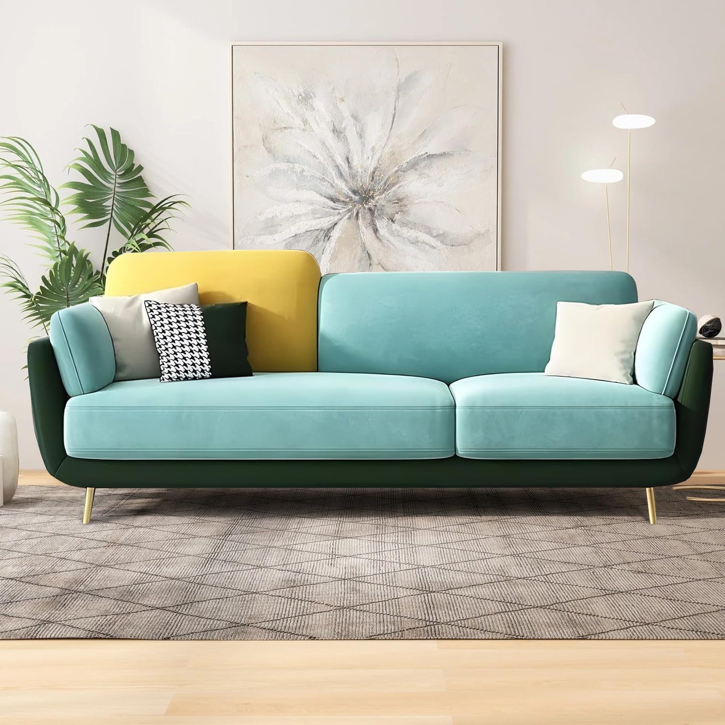 Aprodz Luxelle Modern Colourblock 3-Seater Sofa – Aqua Blue, Yellow & Green Fabric Couch | Contemporary Design | Gold Legs | Removable Cushions | Stylish Living Room Seating