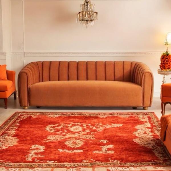 APRODZ Serene Modern Channel-Tufted Velvet Sofa – Burnt Orange 3-Seater Couch for Living Room