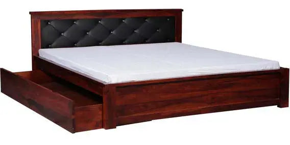 Sheesham Wood Ross Bed with 2 Drawers for Bedroom | Brown Finish