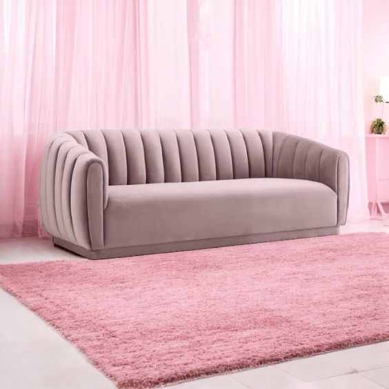 APRODZ Modern Serene Velvet Channel Tufted 3-Seater Sofa for Living Room โ Pink, Elegant Curved Arm Design