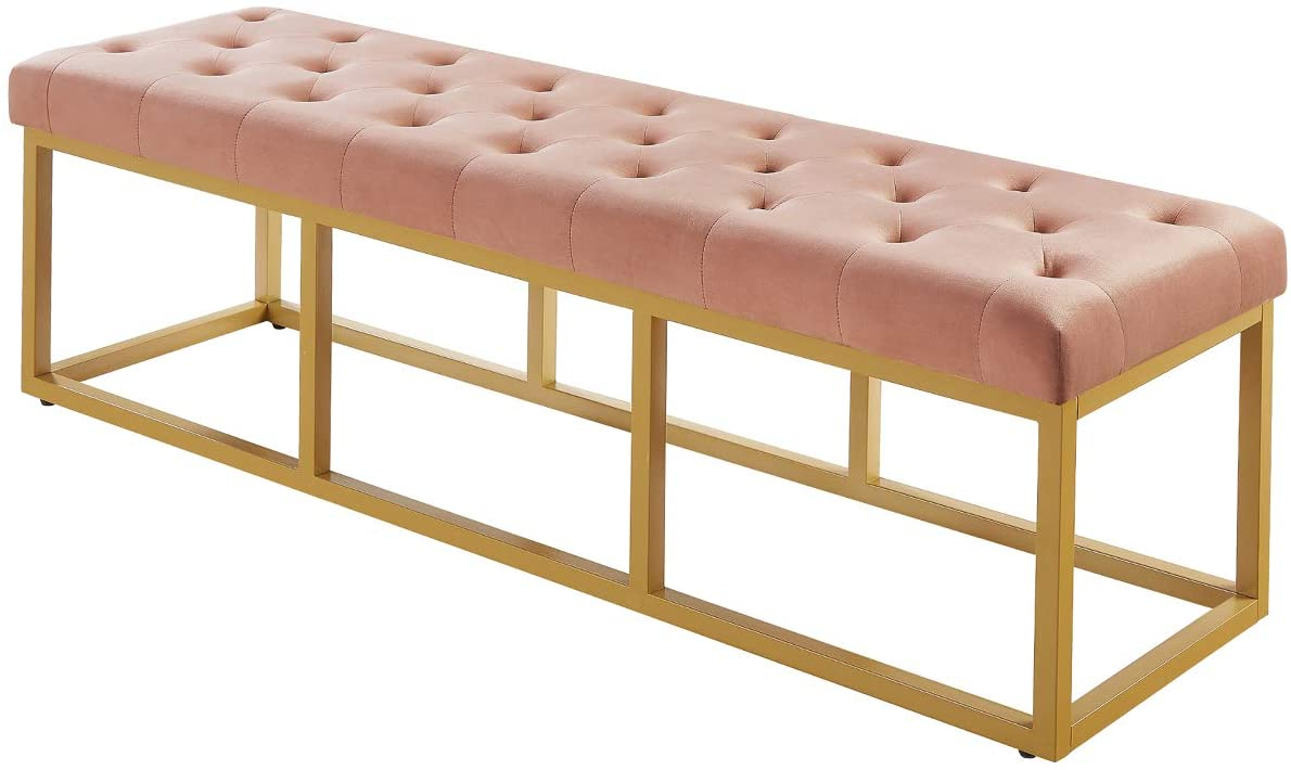 Tufted Long Upholstered Velvet and Metal Bench