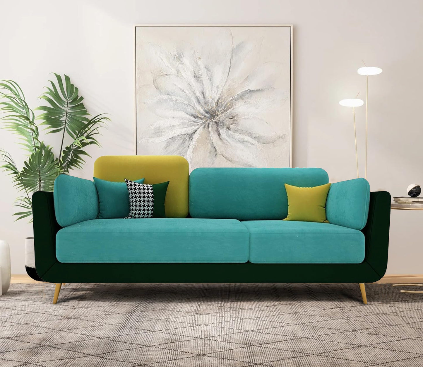 APRODZ Luxelle Contemporary Teal & Yellow Sofa – 3-Seater Fabric Couch with Multi-Tone Design and Wooden Legs