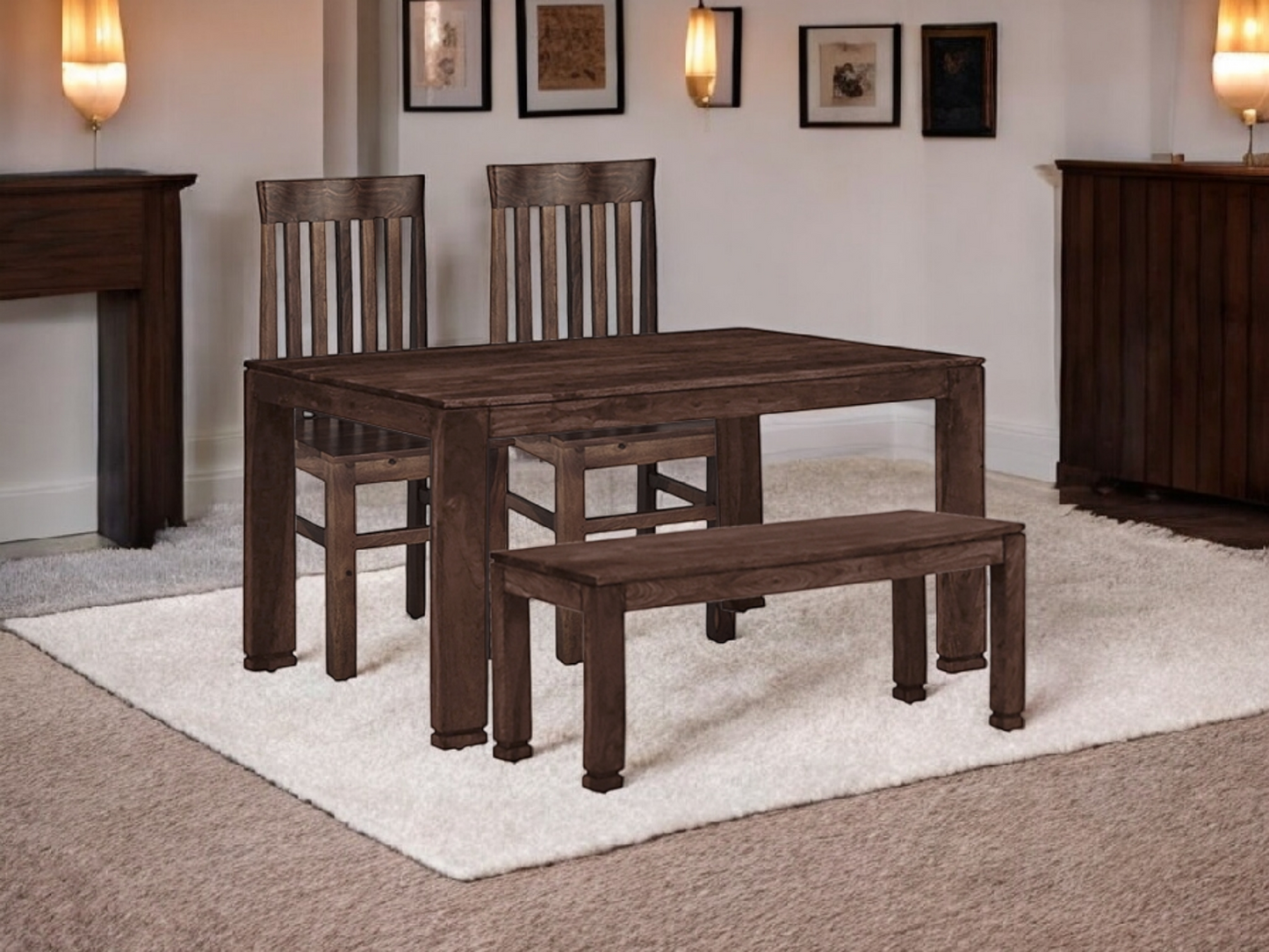 Sheesham Wood Salvador 4 Seater Dining Table Set with 1 Bench and 2 Chair for Home | Dining Furniture