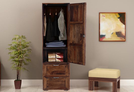 Durque Sheesham Wood Single Door Wardrobe- Provincial Teak Finish
