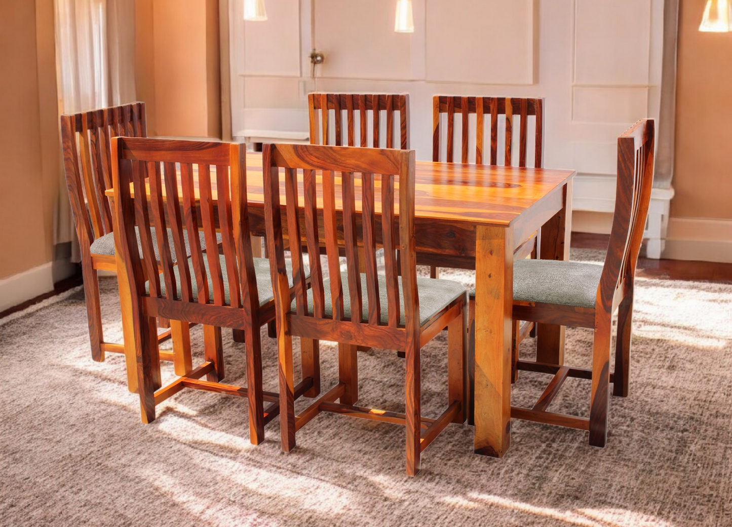 Sheesham Wood and Upholstered Epso 6 Seater Dining Table Set for Home and Living Rooms| Dining Furniture