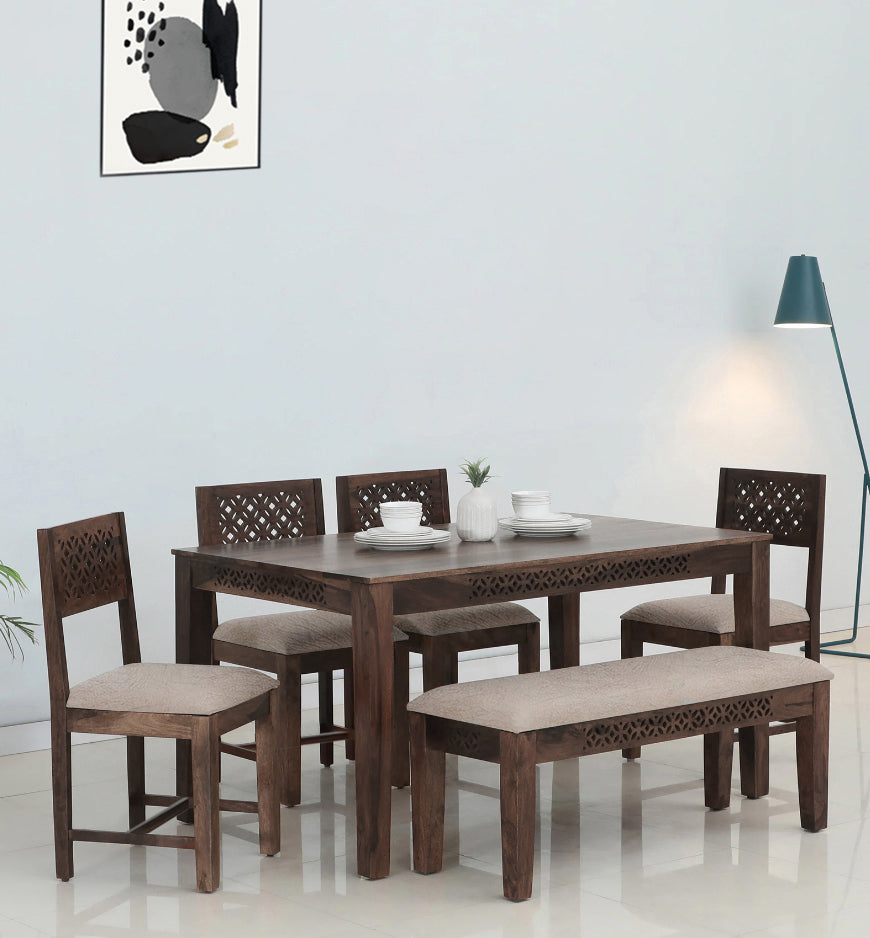 Sheesham Wood Durque 6 Seater Dining Table Set with 1 Bench and 4 Chair for Home | Dining Furniture