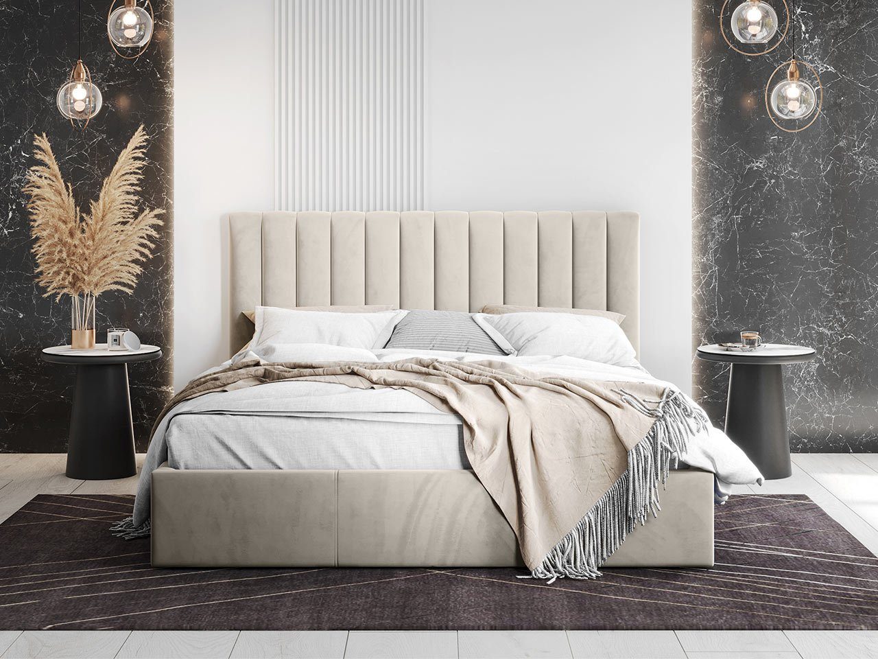 Fluted Velvet Upholstered Bed – Stylish Hydraulic Storage Bed for Comfortable Sleep & Elegant Bedroom Aesthetic