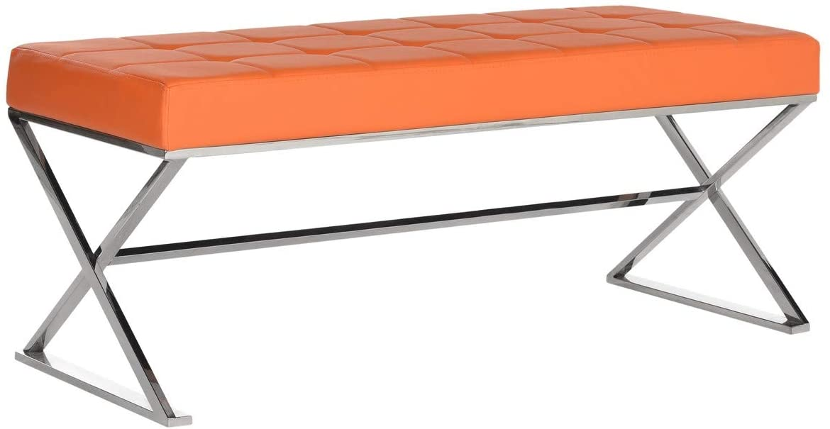 Modern Orange Upholstered Velvet and Metal Bench