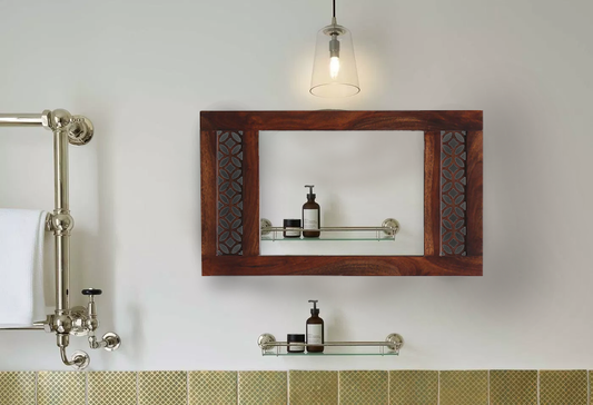 Durque Rectangular Wall Mirror with Carved Sheesham Wood Frame - Provincial Teak Finish