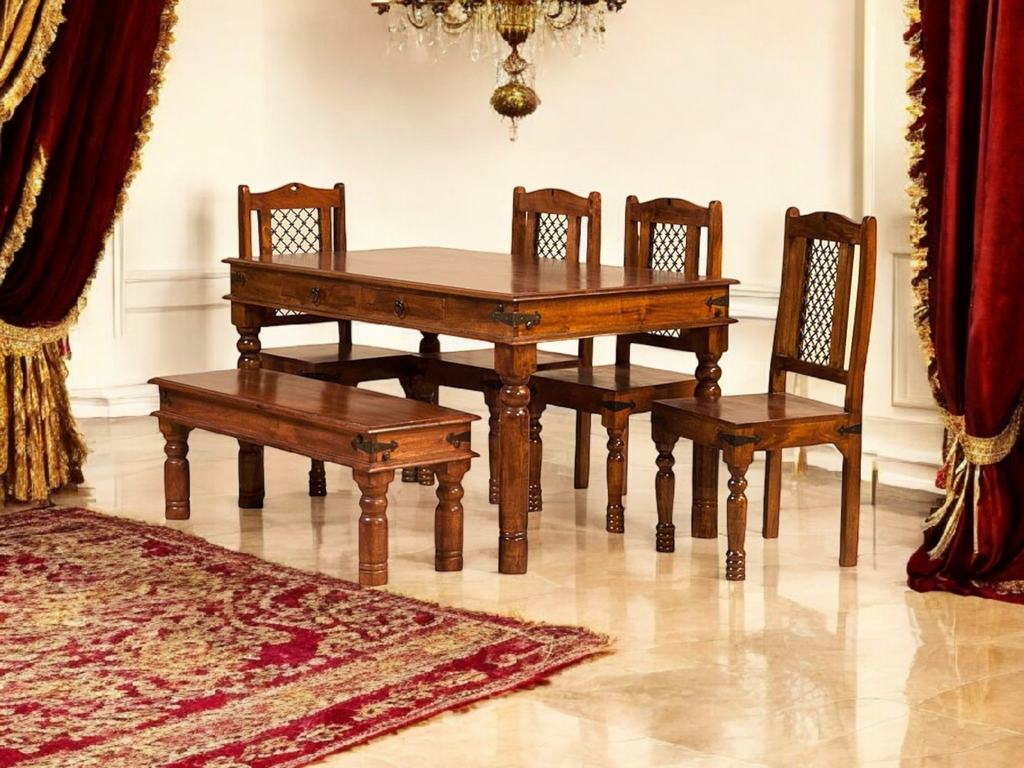 Sheesham Wood Reyk 6 Seater Dining Table Set with 1 Bench & 4 Chairs for Home Dining Room Furniture
