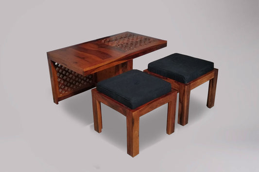 eesham Wood Pedro Stylish Coffee Table with 2 Stools for Living Room | Center Table for Home | Brown Finish