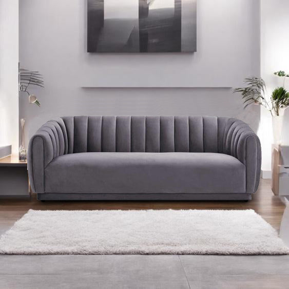 APRODZ Serene Channel-Tufted 3-Seater Sofa in Grey Velvet – Elegant Curved Back Couch for Living Room, Office or Lounge