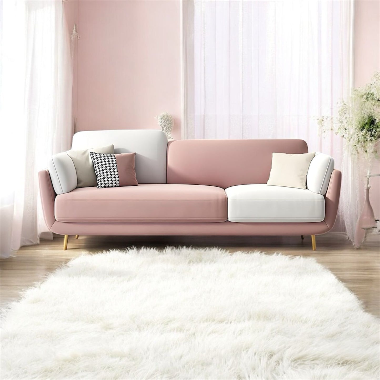 APRODZ Luxelle Modern 3-Seater Sofa in Blush Pink & White – Minimalist Fabric Couch with Plush Cushions, Removable Covers & Golden Legs – Stylish Living Room Sofa for Home or Apartment